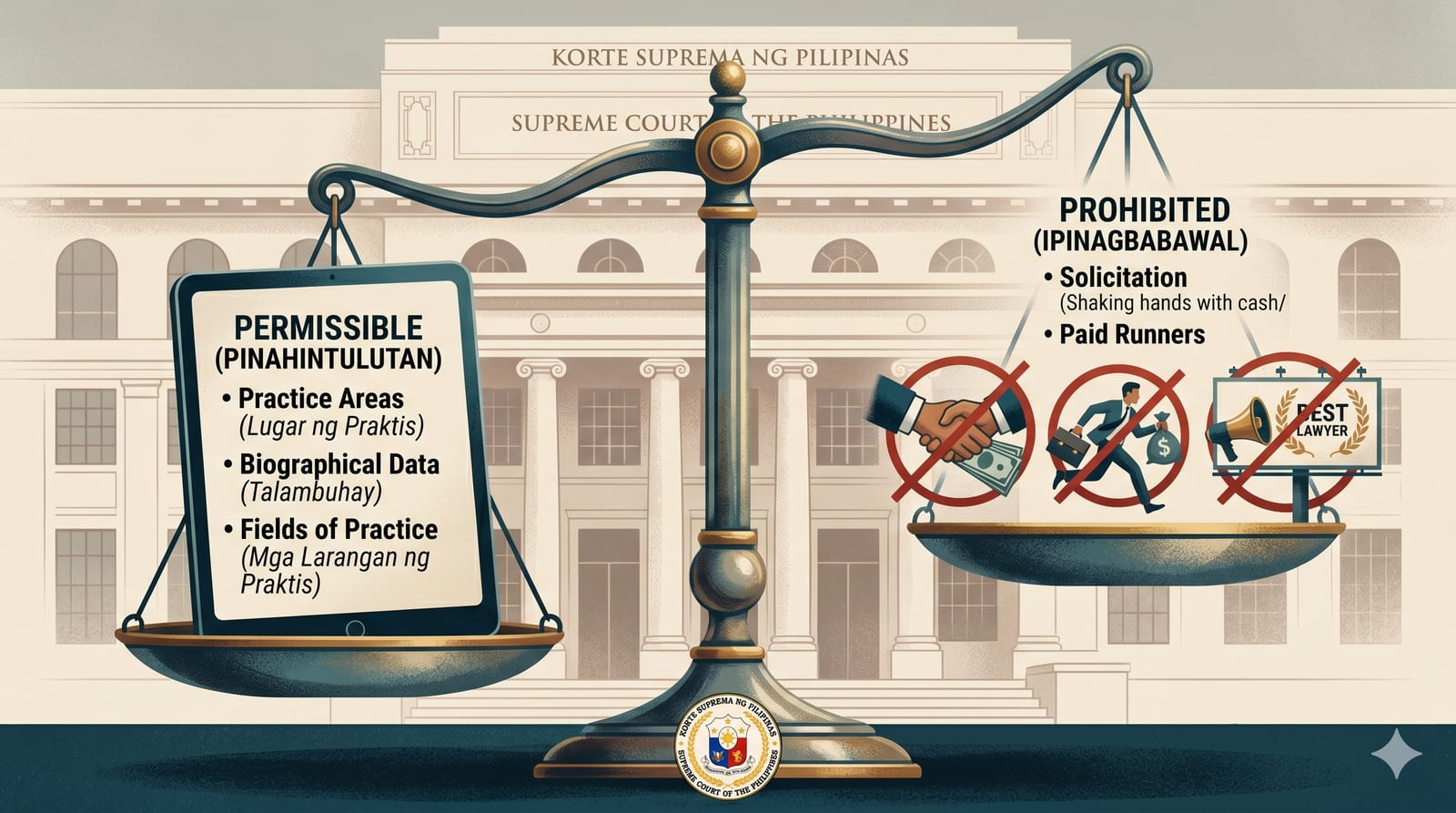 Scales of justice showing permissible advertising content