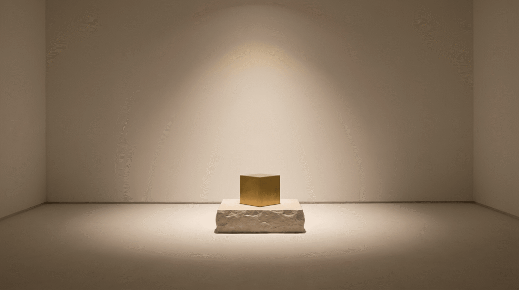 A single gold cube on a stone plinth under a soft spotlight, a visual metaphor for being the answer AI engines cite.