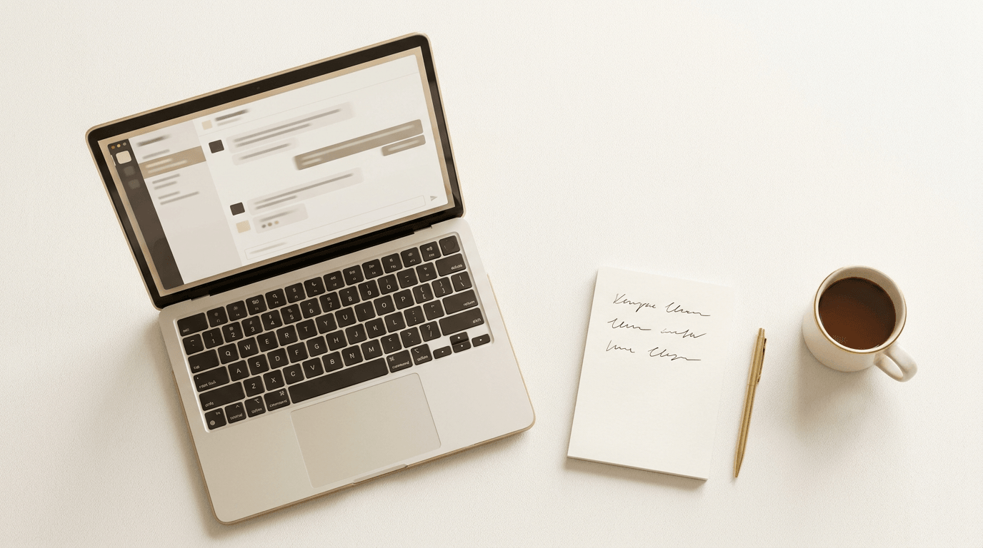 Desk with a laptop showing an AI chat answer and a notebook with a three-row citation test checklist