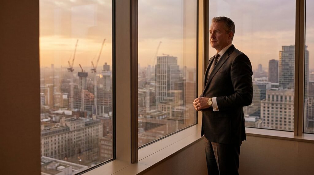Professional looking out over a changing city skyline at sunrise from a high-rise office