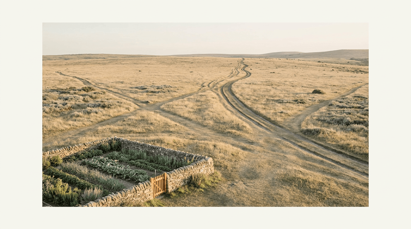 A small walled garden plot beside an open common where foot-worn tracks converge, at golden hour
