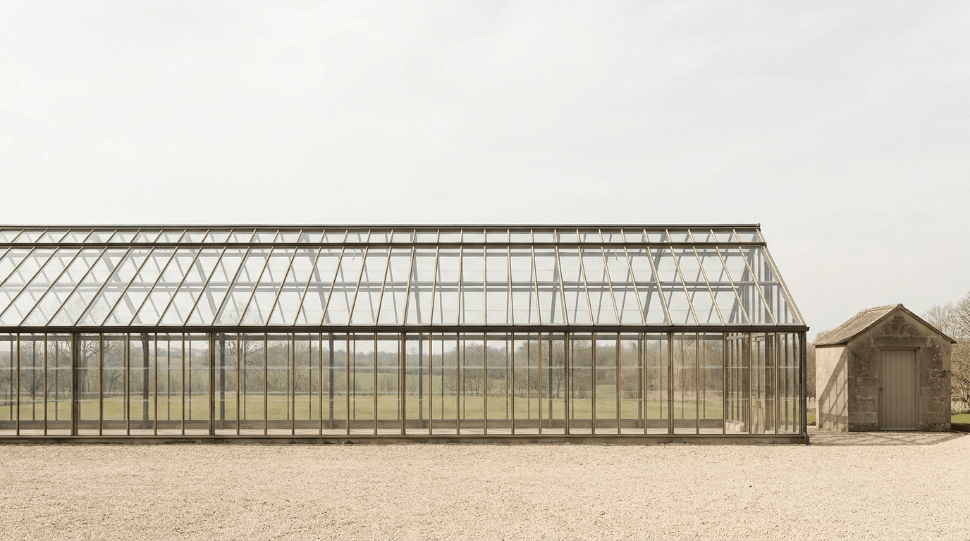A long clear glasshouse with every internal member visible from outside, next to a small sealed windowless shed