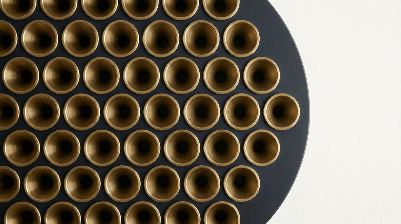Dense array of identical brass funnel mouths in a charcoal plate, every opening leading into darkness